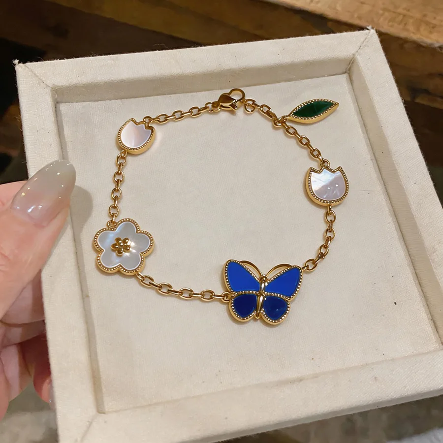 Blue Dripping Oil Butterfly Bracelets for Women Fritillary Flower Leaf Bracelet Luxury Dating Banquet Jewelry Gifts Friends K