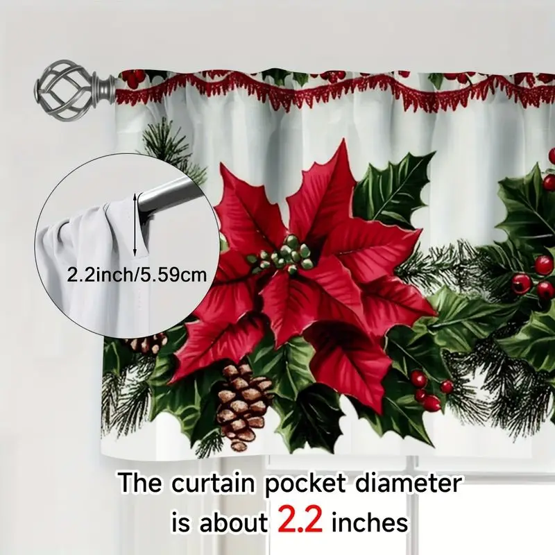 VIKAMA Window Valance Curtain Poinsettia Pine Cone Print Kitchen Cafe Curtain for Kitchen Window Home Holiday Festive Decor