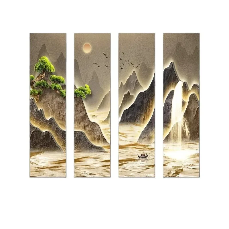 

Tea room quadruple hanging paintings, living room decorative paintings, sofa background wall murals, new Chinese landscape