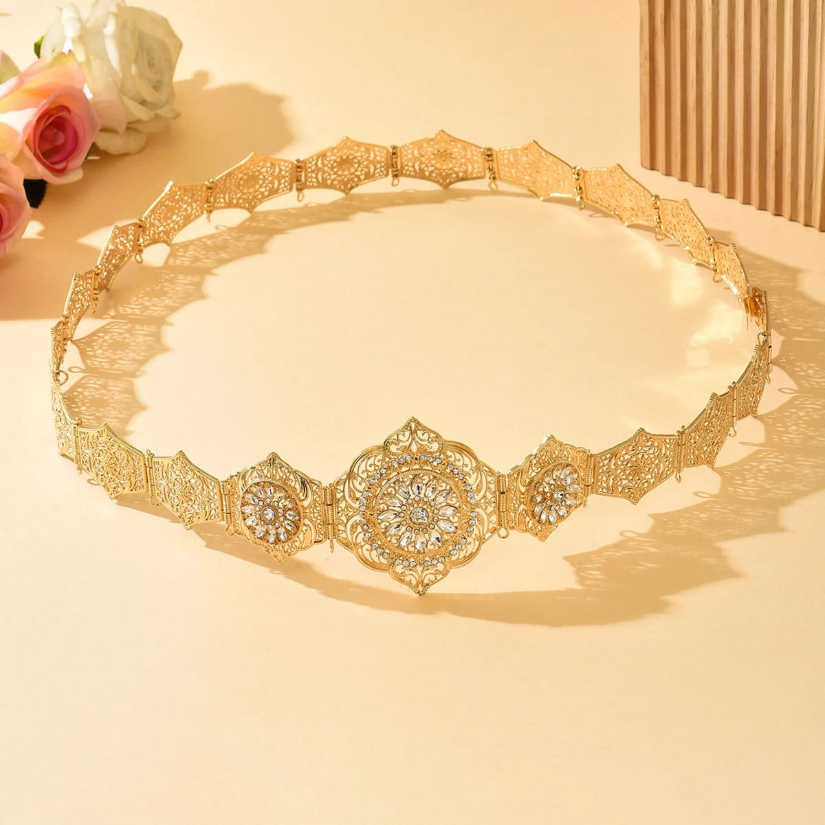 Gold Plated Belt Lady Metal Hollow Flower Waist Chain Length Adjustable Moroccan Wedding Dress Body Jewelry Luxury Kaftan