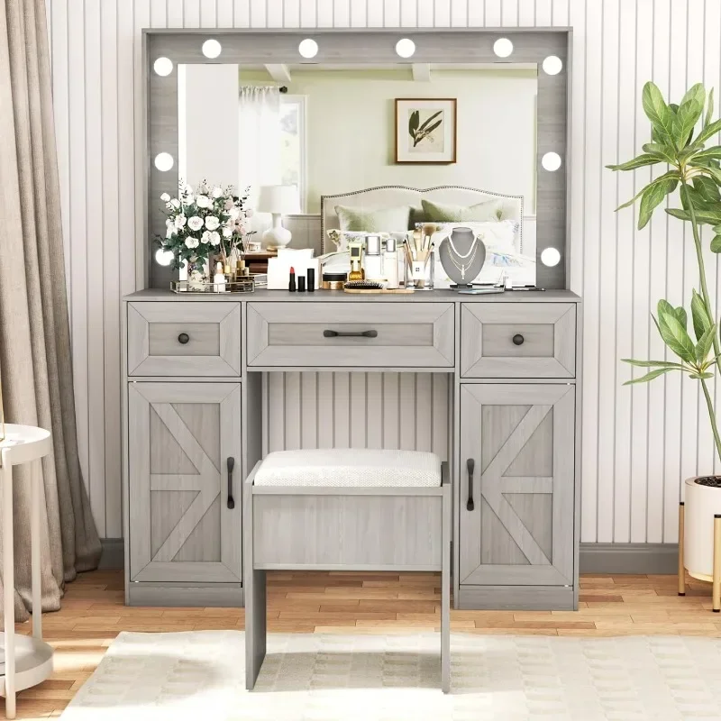 Makeup Vanity with Lights, Grey Farmhouse Vanity Desk with Lighted Mirror, 3 Lighting Modes, Brightness Adjustable