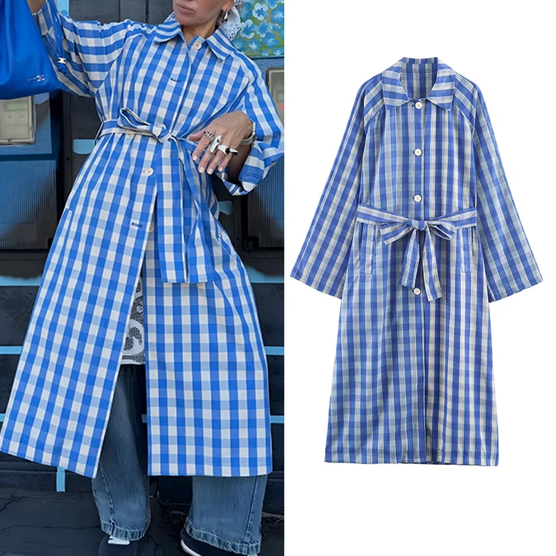 Gabardina a cuadros para mujer, manga larga, cintura con cinturón, cuadros VICHY, ropa exterior informal de moda, estilo europeo