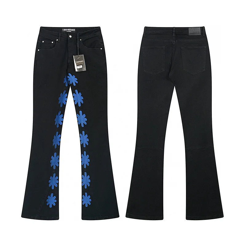 LOSTSHDWS Jeans American Street Fashion Casual Pants Orange Embroidery Flower Button Lostshdws Denim Trousers Men