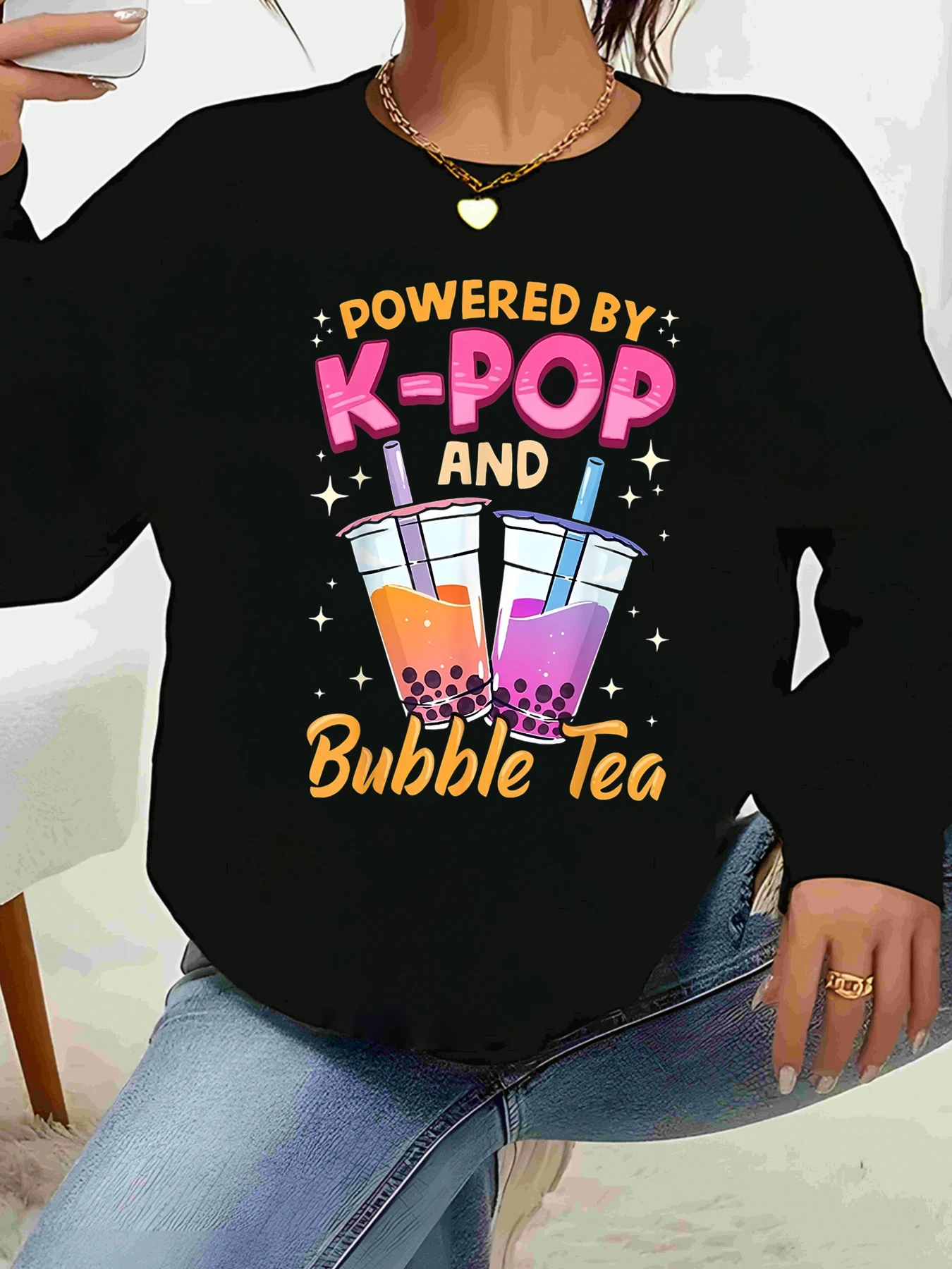 

K Pop and Bubble Tea с принтом Топ с длинными рукавами Повседневная одежда для женщин Повседневная одежда