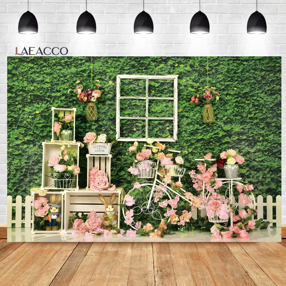 Laeacco Spring Garden Backdrop Cute Rabbit Eggs Flowers Newborn Kids Birthday Easter Portrait Customized Photography Background