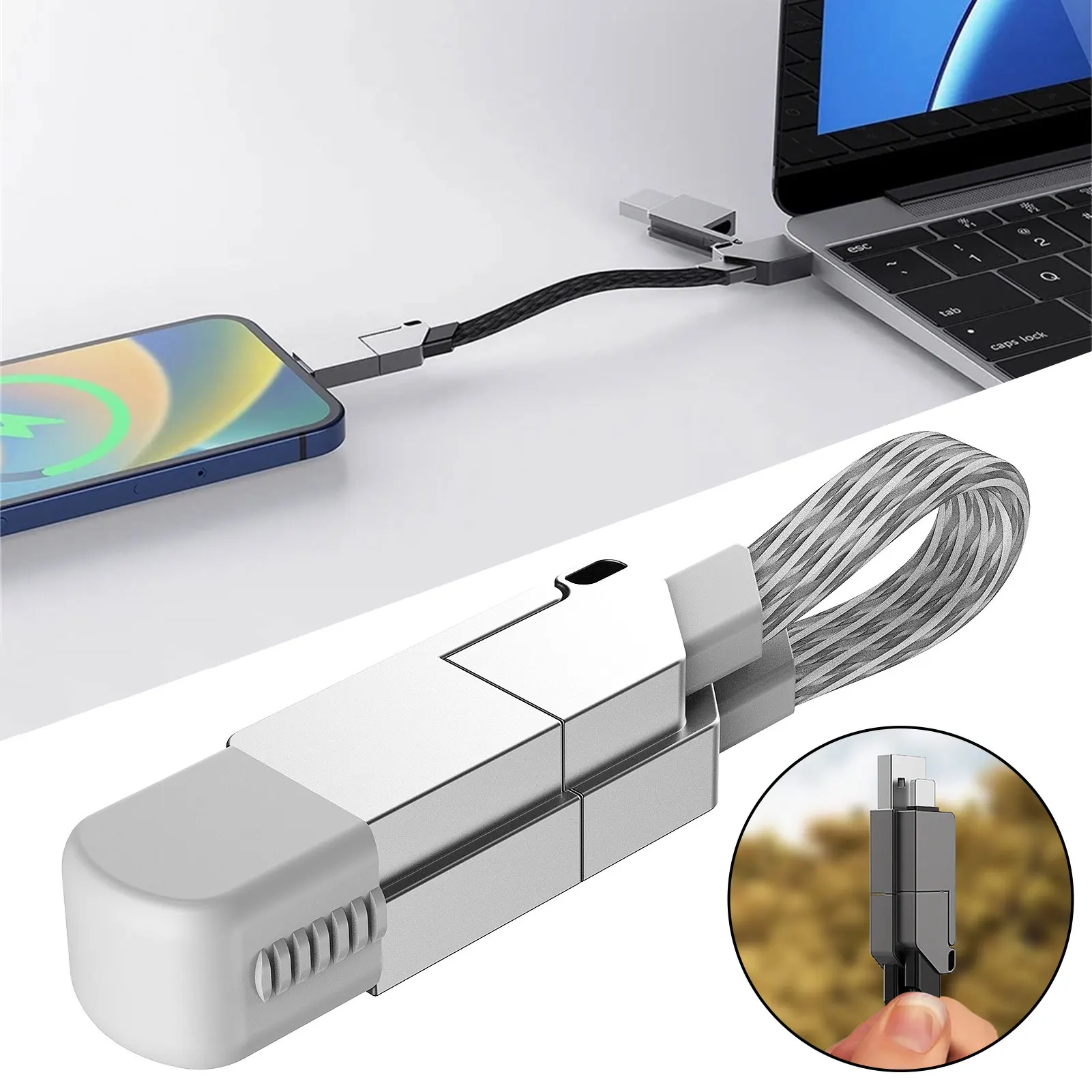 

4 In 1 Multi Fast Charging Cable Keychain For IPhone Andriods Fast Charging Data Transfer For Laptops