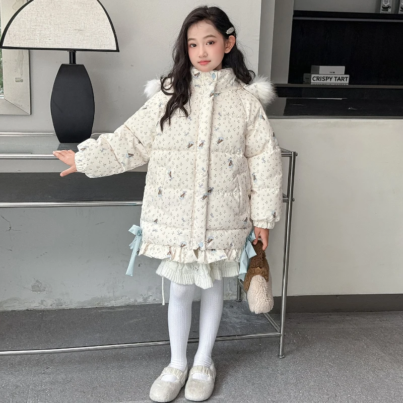 

2025 New Girls' Winter Mid to Long Hooded Big Hairy Collar Warm Thick Bow Cotton Jacket