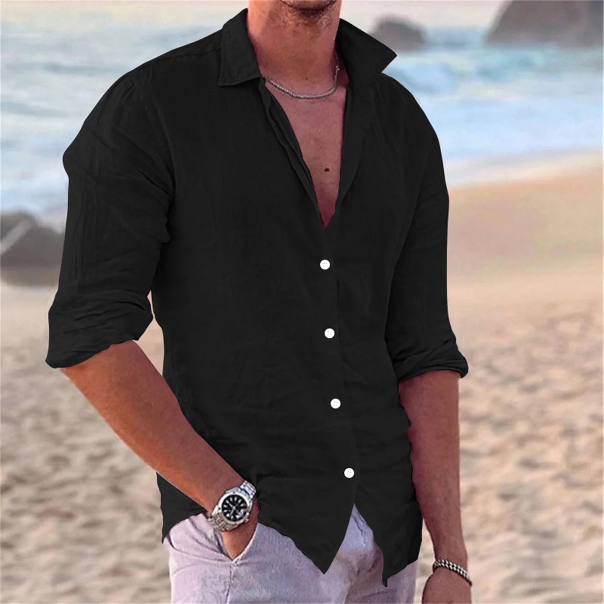 

2024 Spring Fall Men's long Sleeve Shirt Casual comfort single breasted lapel beach style cotton long sleeve top