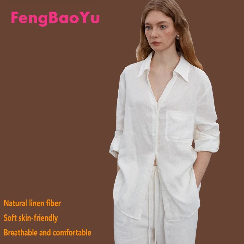 Pure 100% Linen Ladies Shirt Long Sleeve White Shirt Outdoor Casual Relaxed Comfortable Spring Summer High-end Women's Wear