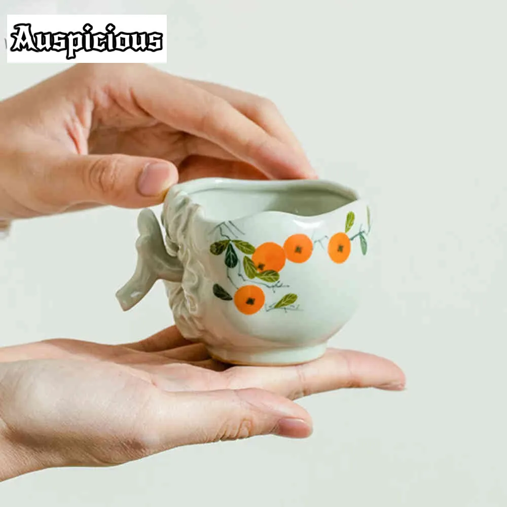 140ml Pure Hand-painted Persimmons Ceramic Teacup Retro Grass Wood Ash Master's Cup with Handle Personal Tea Bowl Jianzhan Gifts