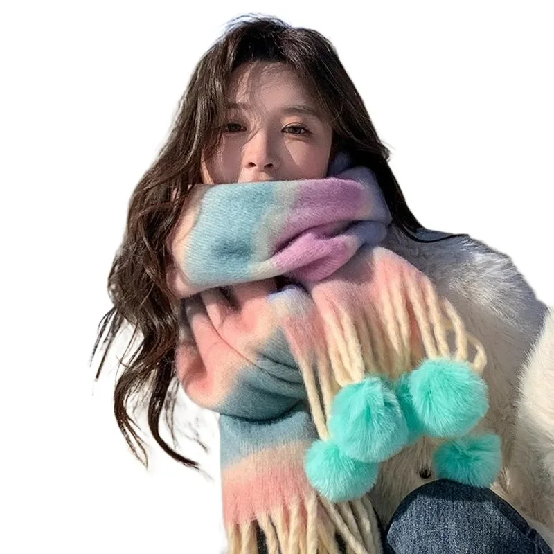 Dopamine Colored Fashion Striped Colorful Scarf Women's Winter Deluxe Plush Cute Mohair Rainbow Thickened Hairball Scarf