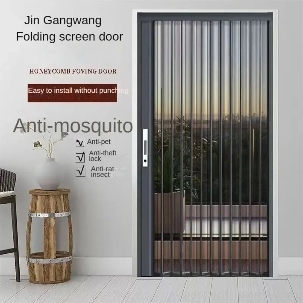 304 steel mesh invisible folding screen door with lock, mosquito cat dog proof aluminum alloy sliding door