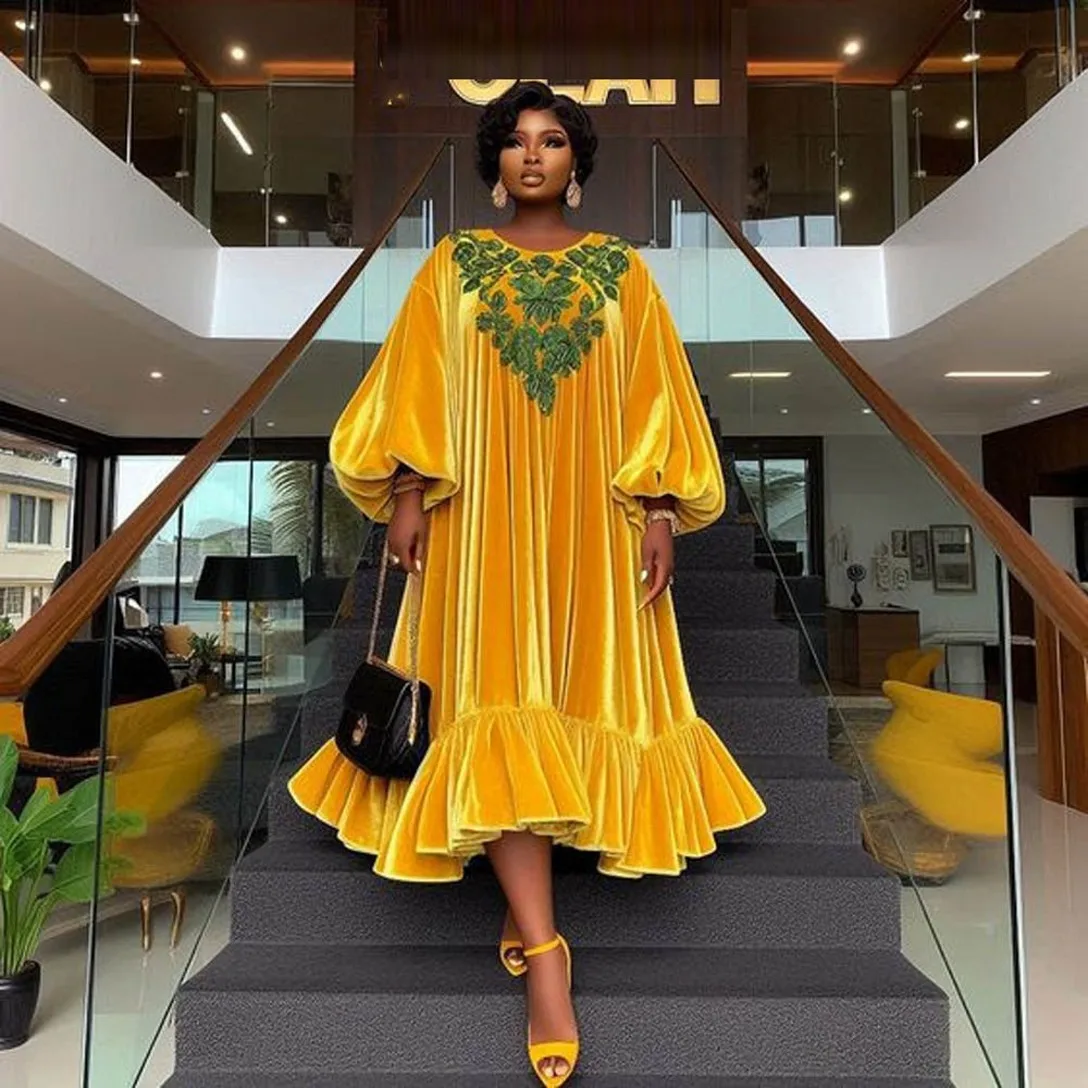 

Yellow Plus Size Evening Dresses With Appliques Long Sleeves Velvet African Women Prom Dress Tea Length Wedding Party Gowns