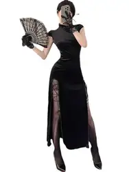 Chinese Style Retro Long Split Lace Sexy Wrapped Hip Dress Cheongsam Hot Short Sleeve Slim Fit Drawstring Long Dresses New 09XC