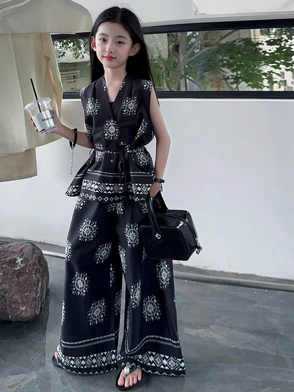 

Летний винтажный жилет с широкими брюками для девочек, комплект, новинка 2025 года, детский праздничный костюм из двух предметов для детей