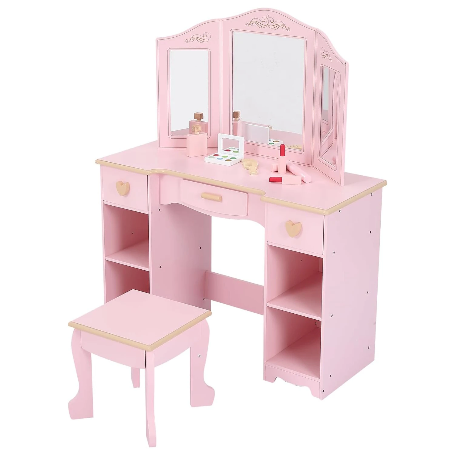 

Kids Vanity Table and Chair,Girls Wooden Dressing Table,with Tri-Folding Mirror and Stool,3 Drawer for Living Room,Birthday Gift