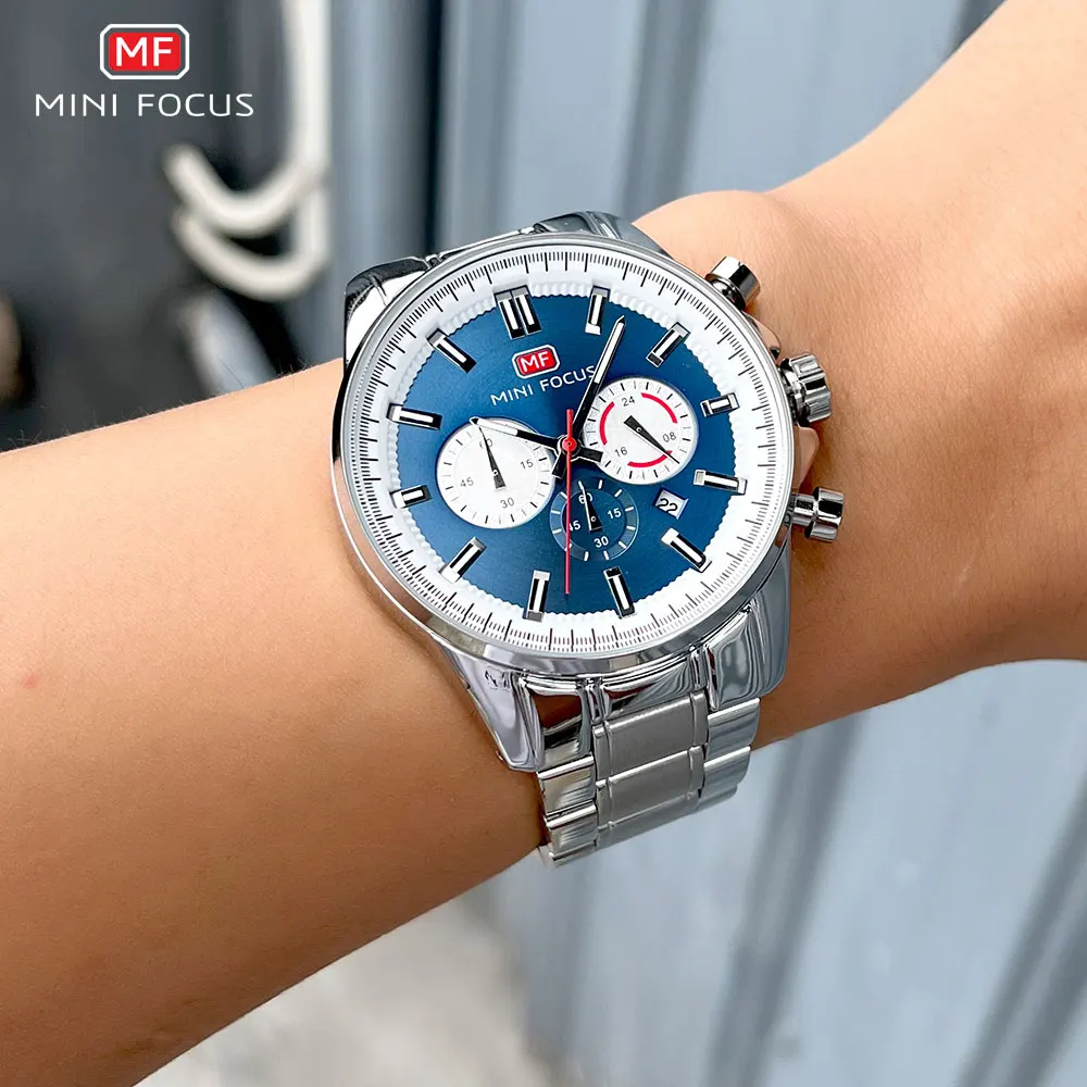 MINI FOCUS 2026 Chronograph Quartz Watch Men Silver Blue Waterproof Luminous Dress Wristwatch with Date Stainless Steel Strap