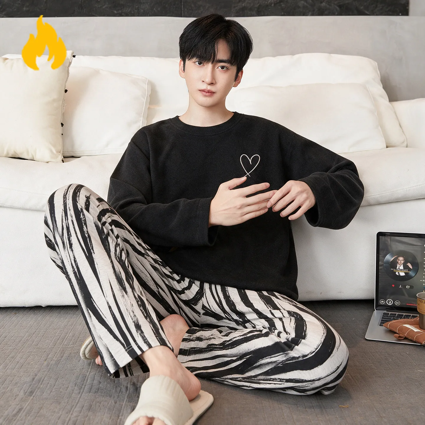 2026 Fall Winter Men's Thin Fleece Pajama Set Long Sleeve Warm Teen Home Wear Young Boy Thermal Sleepwear pyjama homme Dropship