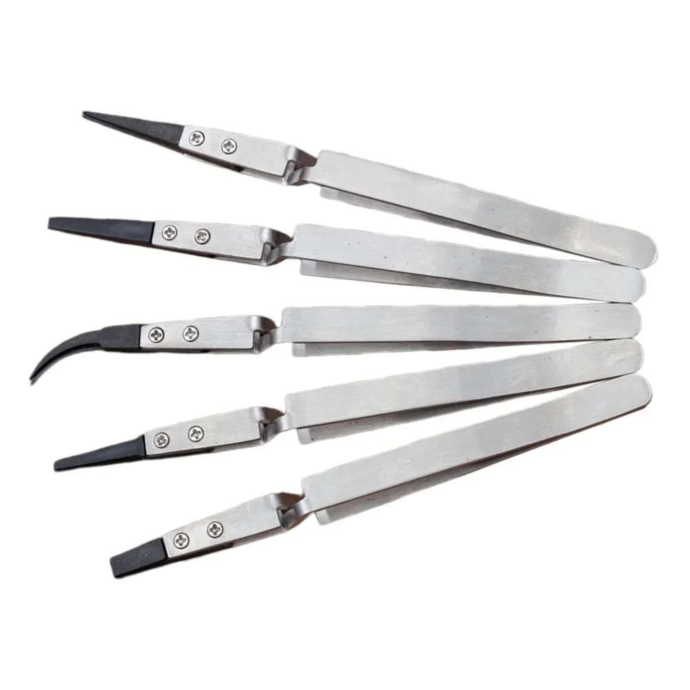 5pcs Precision Ceramic Tweezers Heat Resistant Non-Conductive Anti-Static Stainless Steel Handle For Electronics Repair