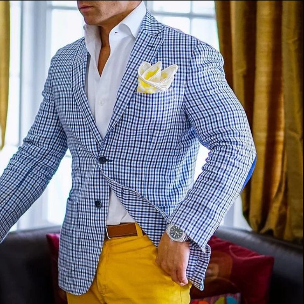 Casual Blue Checked Men Suit Slim Fit High Quality Tuxedo Elegant Custom Male Blazer 2 Piece Jacket Yellow Pants Terno Masculino