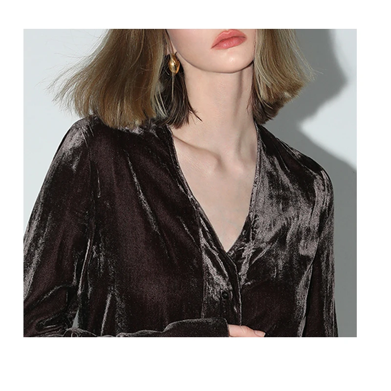Luxury Style Silk Velvet Women's Shirt Long Sleeve V-neck Long Sleeve Simple and Fashionable Urban Clothing Shiny and Lustrous