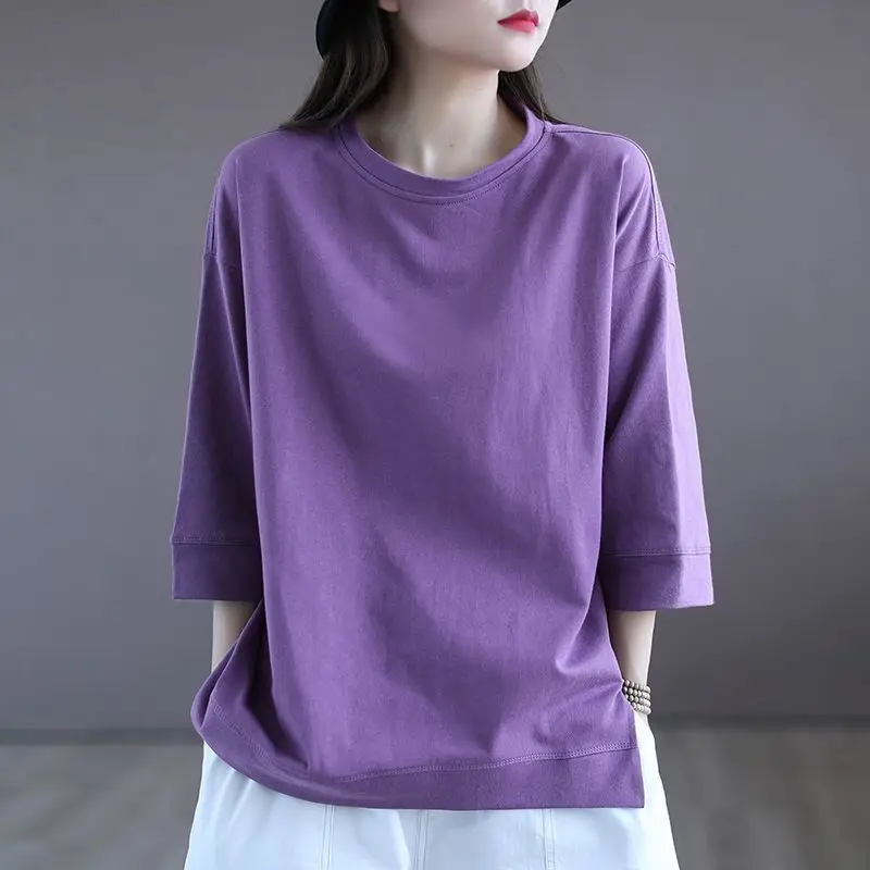 Elegant Fashion Harajuku Slim Fit Female Clothes Loose Casual Sweat All Match Tops Women Solid Three Quarter Sleeve T-shirts