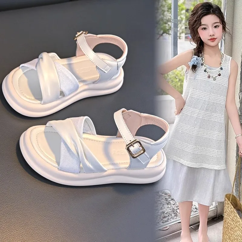 Kids Summer Sandals for Medium Big Girls Princess Sweet Fashion 2026 Beach Shoes Anti-slip Brand New Design Hook & Loop Soft Hot