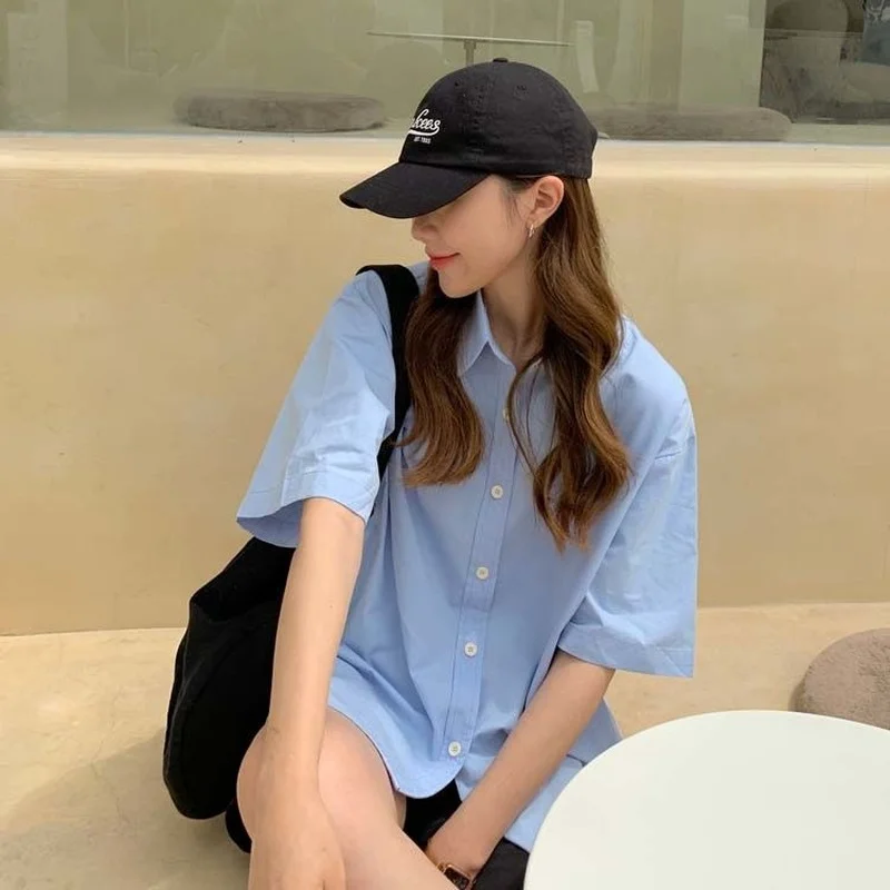 Short Sleeve Shirts Women Solid Cool Unisex College Рубашки Korean Style All-match Basic Mujer De Moda Prevalent Stylish Ins New