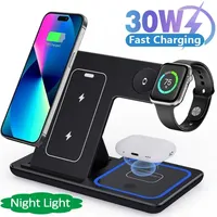 30W Fast Wireless Charger Stand 3 in 1 LED Foldable Charging Station For iPhone 16 15 14 13 Apple Watch 9 8 7 6 5 Airpods Pro