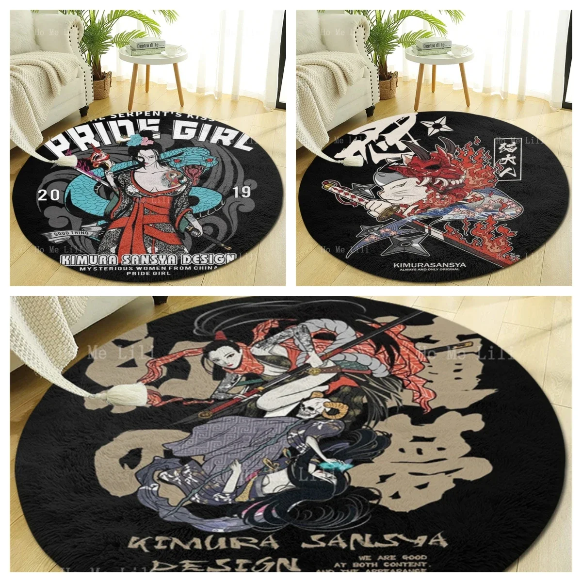 Traditional Characters Tattooed Geisha And Snake Japanese Anime Cat Design Floor Round Carpet Room Decoration