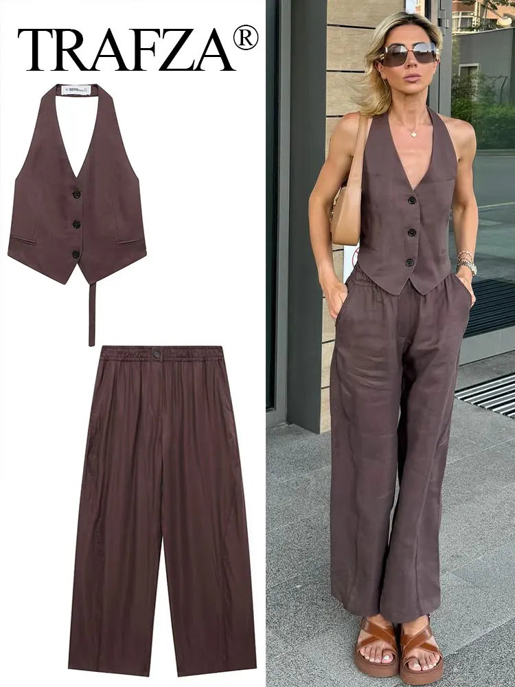 TRAFZA 2024 Summer Women Fashion Trouser Suits Flax Solid Halter Neck Camis Top + Wild Pleated Female Wide Leg Long Pant