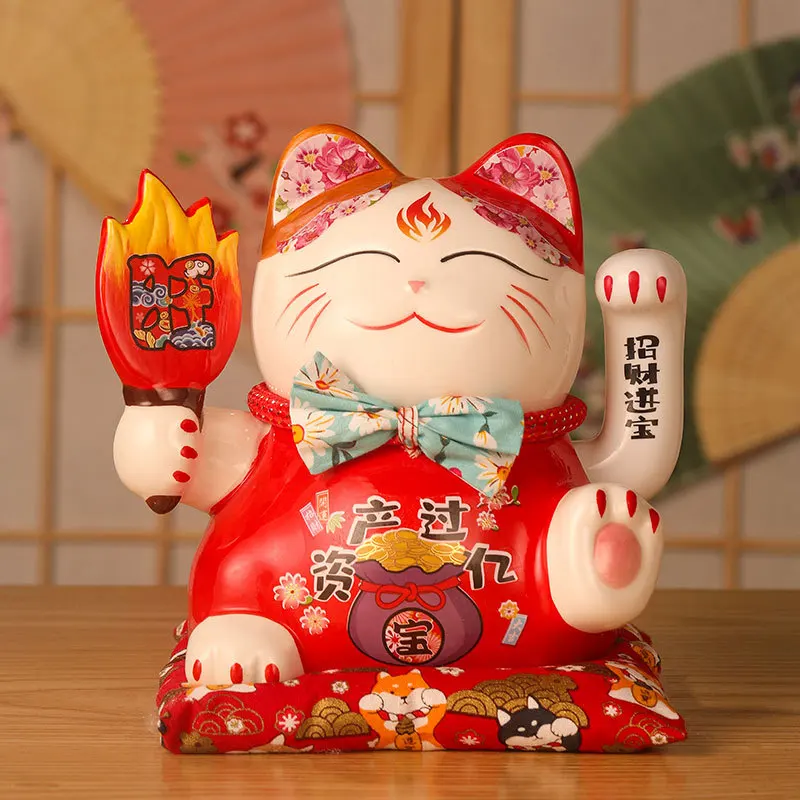 7.5 Inch Ceramic Cute Smiley Lucky Cat Figurines Feng Shui Wealth Fortune Ornaments Shaking Hands Home Decoration Accessories