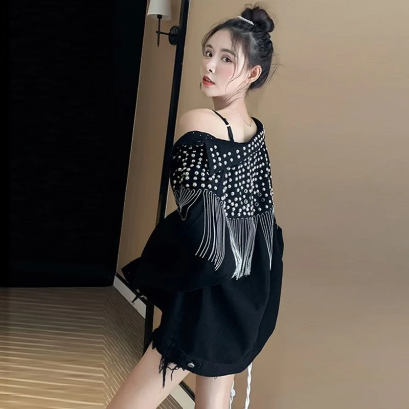 Women's Heavy Denim With Tassel Fringe 2025 Spring Street Style Edgy Casual Fashion Viral Tiktok Trendy Outfit