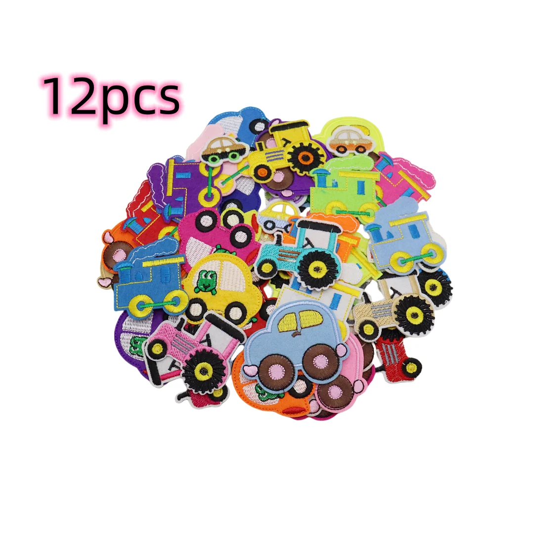 12pcs Mixed Truck Train Car Patches DIY Embroidered Tractor Appliques Iron On Fabric Badges Sewing Accessories Stickers Crafts