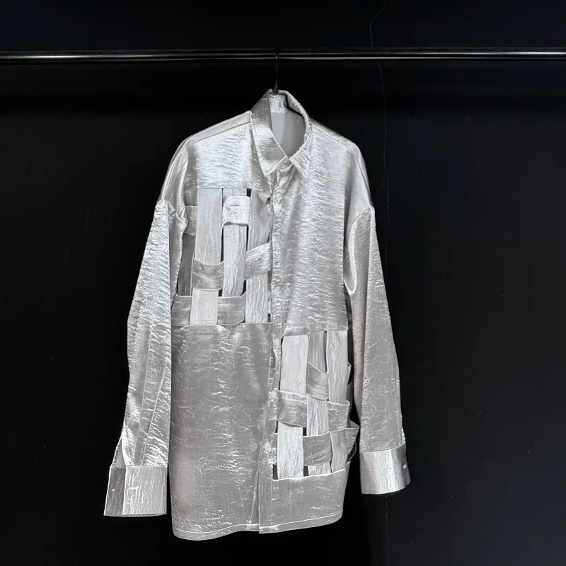 MWJLPWQ Silver Hollow-Out Deconstructed Patchwork Shirt For Men Stylish Lapel Long-Sleeve Tide New Casual Tops 2026 Autumn 17487
