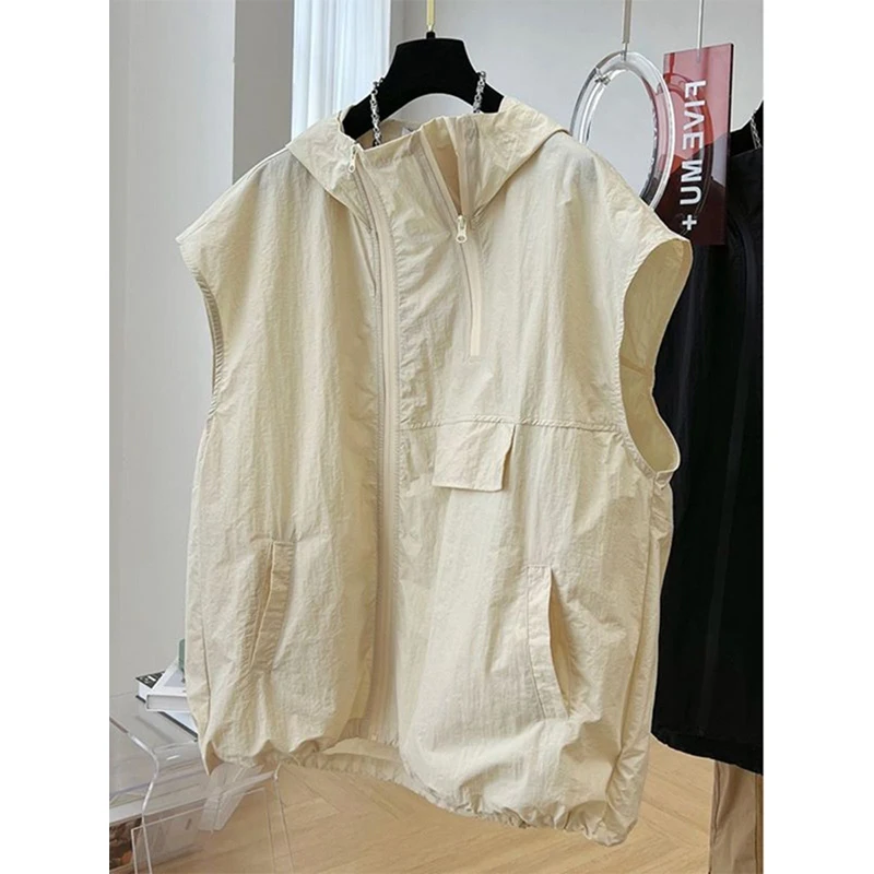 Summer Zipper Wear Outside Thin Men Hooded Tank Top Pocket Drawstring Waist Korean Fashion Harajuku 2xl Oversized Vest Clothing