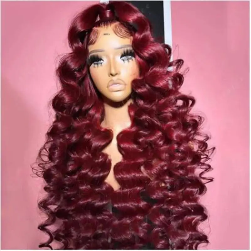 

Long 26Inch Glueless Wine Red 180Density Deep Wave Lace Front Wig For Women With Baby Hair Synthetic Preplucked Daily Wear Soft