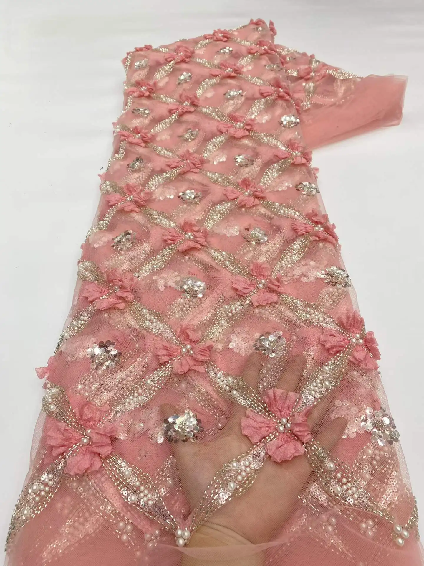 

Luxury Nigerian Beaded Embroidery Lace 2026 High Quality French 3d Sequins Tulle African Lace Fabric for Wedding Party Dress