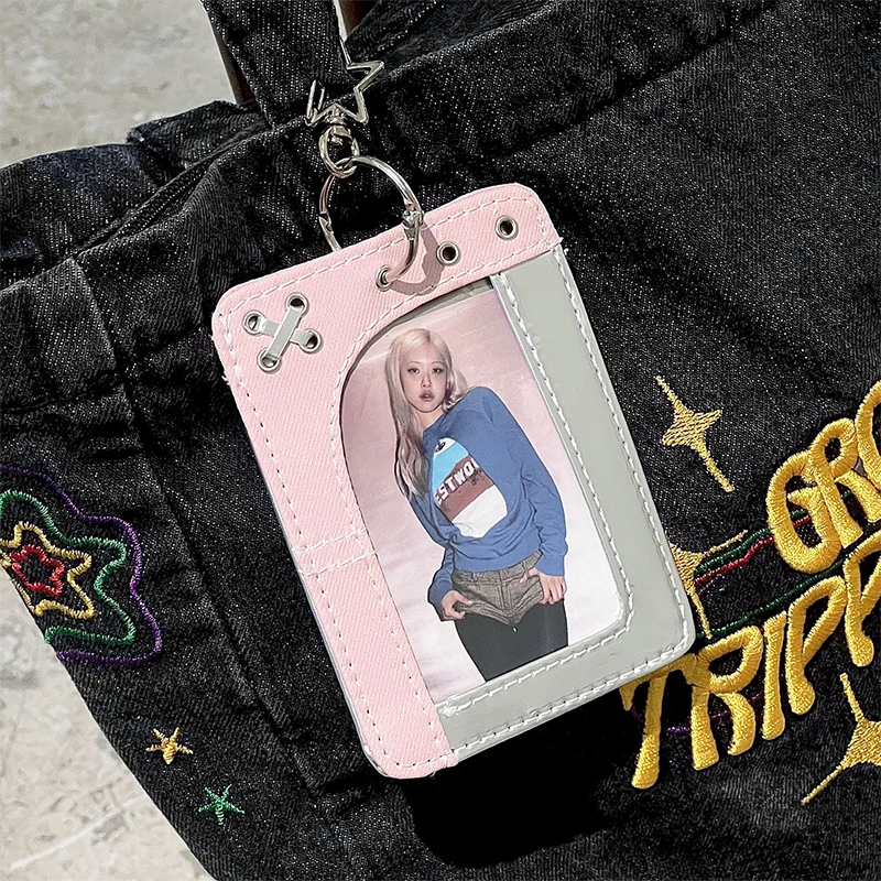 Denim Splicing Double Card Slot Kartenhalter 3-Zoll-Fotokartenhülle Kpop Small Card Display Card Cover