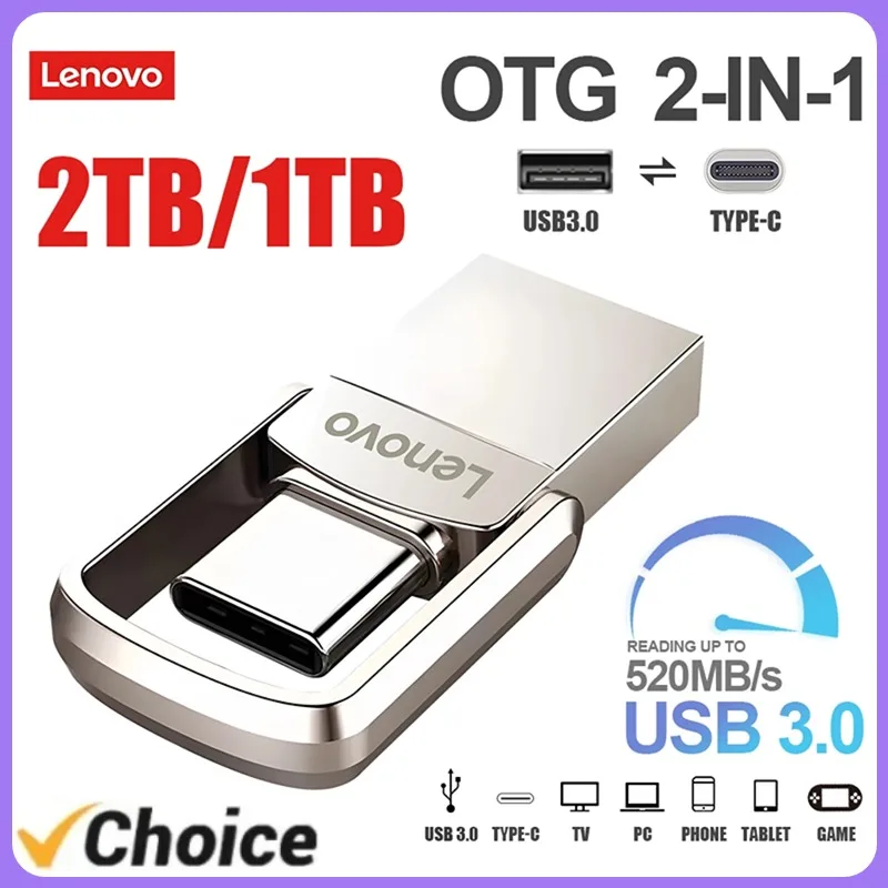 Lenovo 2TB USB Flash Drive Type-C Metal Pendrive Usb 3.1 Flash Disk 512GB Pen Drive 1TB Memory Stick Memoria USB Stick per PC