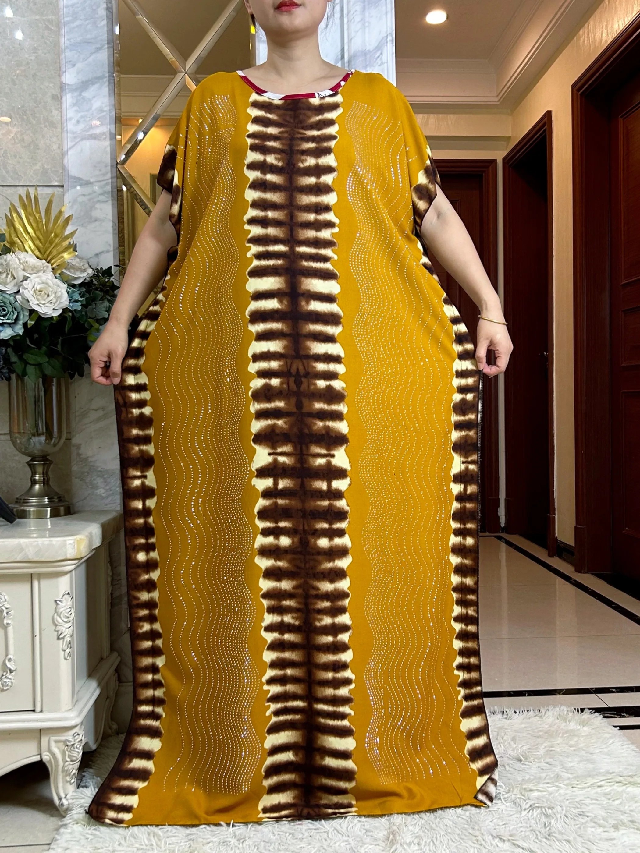 New Fashion African Maxi Short Sleeve Dress With Big Scarf Diamond Printed Loose  Cotton Robes Summer  Casual Diamonds Abaya