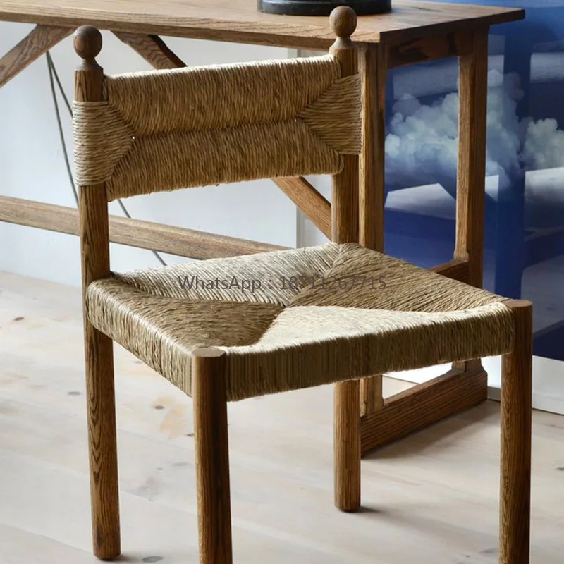 Home Restaurant Rope Chair Designer Hotel Hotel Handwoven Solid Wood Dining Chair