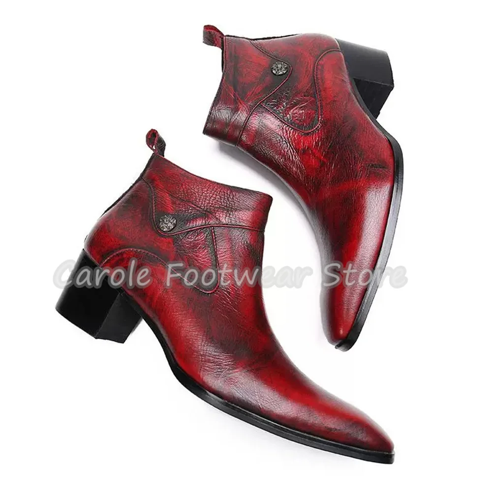 Vintage Square Toe Genuine Leather Ankle Boots Male High Top Chunky Heel Chelsea Boots Side Zipper Height-Increased Short Boots