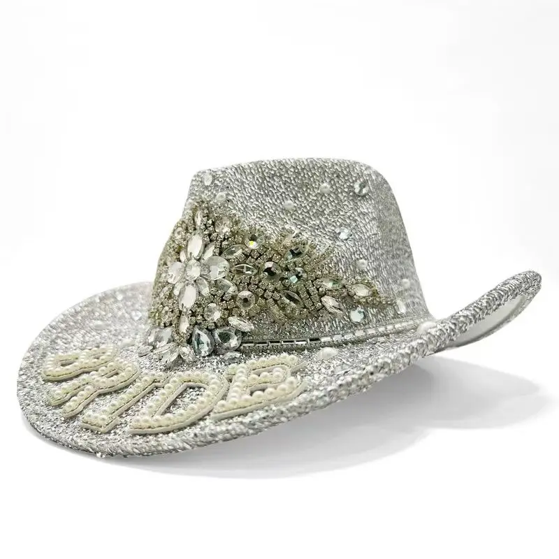 

HongLuan Silver Western Bride Cowboy Hat Rhinestone Woman - Cowboy Accessories & Country Cowgirl Hats Adults Woman