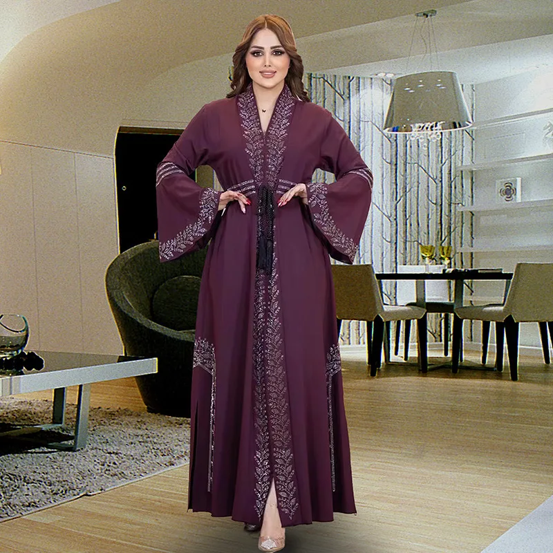 Vestido Kaftan de manga muçulmana Flare para mulheres, Eid, Dubai, Abaya, Jalabiya, Turquia, Ramadã, Partido Islâmico, Abayas Robe, Cinto Caftan