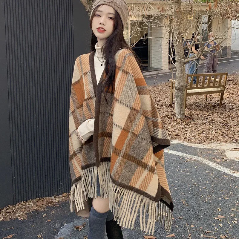 

Cardigan Popular Elegant Loose Woolen Multicolor Plaid Tassels Shawl New Cape Poncho for Women Autumn and Winter Plus Size Coat