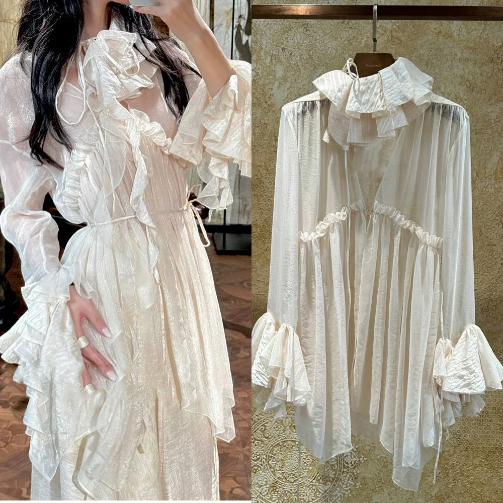

Solid Loose Spliced Ruffles Elegant Dresses for Women Round Neck Long Sleeves Patchwork Lace Up Design Dress Female Vestido