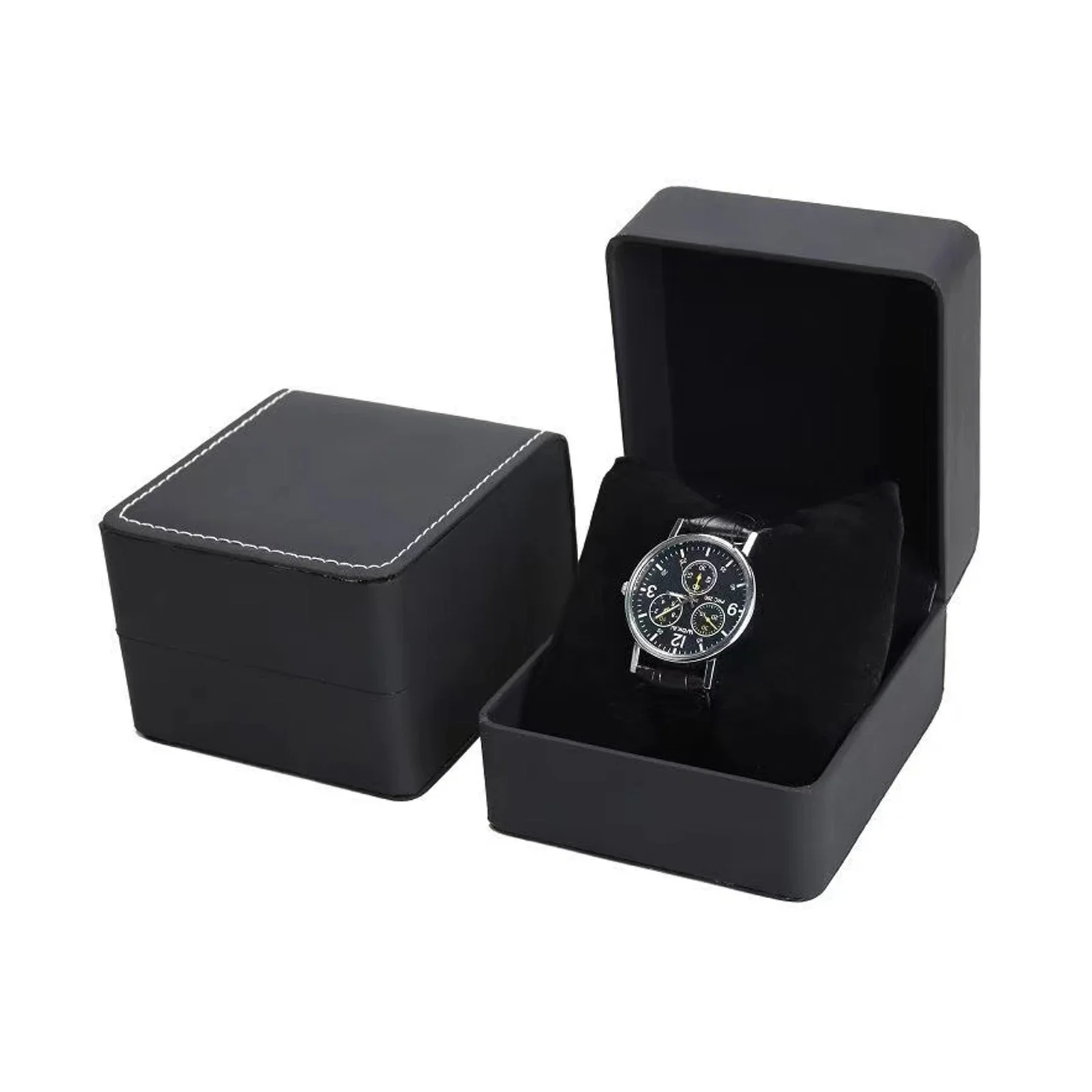 Black Single Watch Gift Box with Pillow PU Leather Wristwatch Display Case Organizer for Men Clamshell PU leather watch case