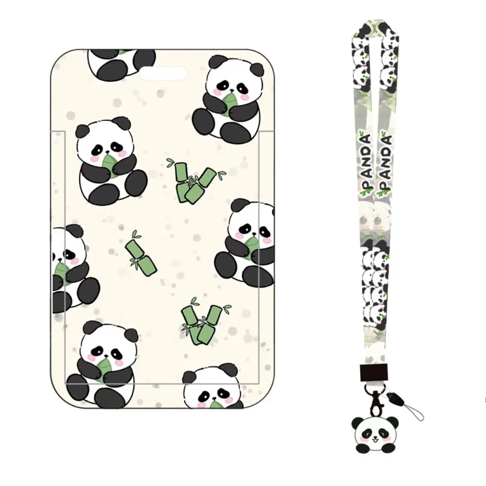 Waterproof Panda Printing Plastic Card Holder with Long Lanyard Slide Card Case ID Card Protective Cover