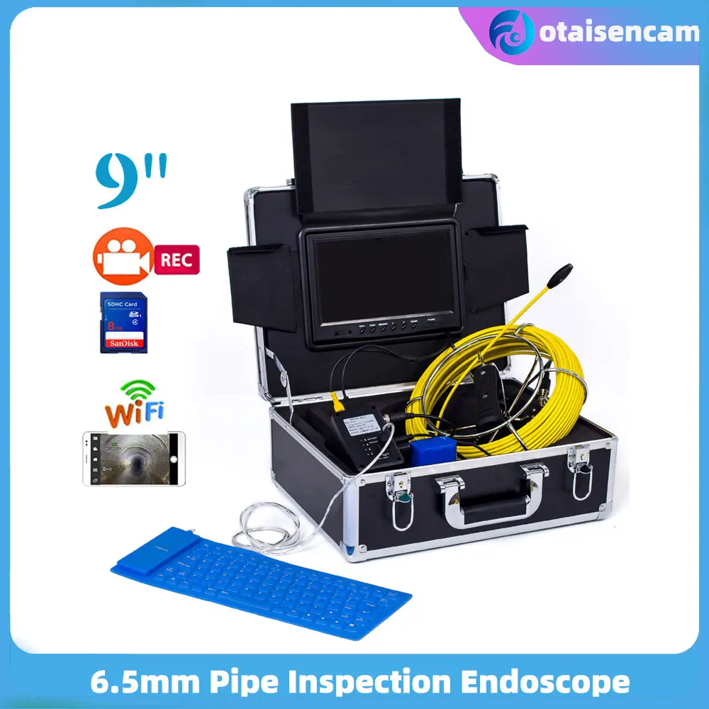 9 Inch Monitor Industrial Drain Sewer Pipe Inspection Endoscope 6.5mm Camera DVR WIFI Keyboard WP91C Borescope Underwater IP68